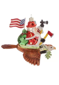 Raz 6" Red and White Patriotic American Firefighter Santa Claus Glass Christmas Ornament