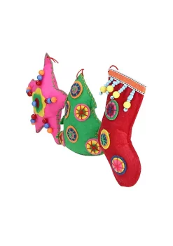 Raz Set of 3 Vibrantly Colored Bohemian Plush Star Tree and Stocking Christmas Ornaments 5" -Southern Tide Shop Belk 415