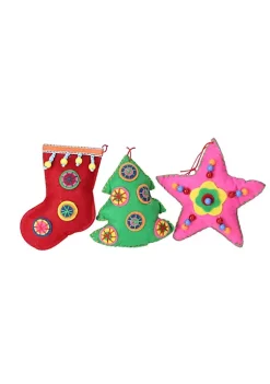 Raz Set of 3 Vibrantly Colored Bohemian Plush Star Tree and Stocking Christmas Ornaments 5" -Southern Tide Shop Belk 416
