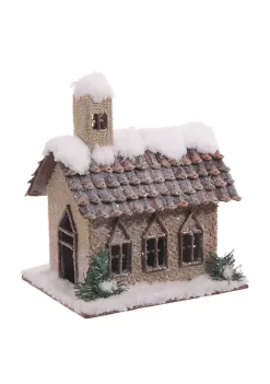 Raz 10.5" Brown and White Snowy Pine Cone Church Christmas Tabletop Decor