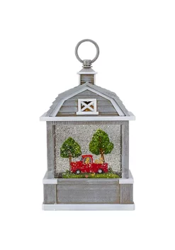 Raz 12.75" Lighted Gray Barn Snow Globe with Red Truck and Dogs
