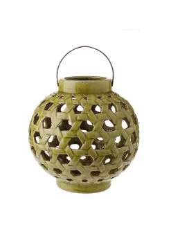Raz 10.25" Tea Garden Caladium Leaf Green Glazed Terracotta Crackled Decorative Pillar Candle Lantern