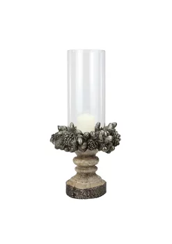 Raz 13" Rustic Acorn and Pinecone Tree Pillar Candle Holder with Glass Case