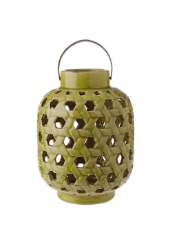 Raz 12.5" Tea Garden Caladium Leaf Green Glazed Terracotta Crackled Decorative Pillar Candle Lantern