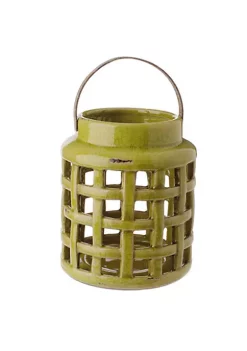 Raz 8.25" Tea Garden Caladium Leaf Green Glazed Terracotta Crackled Decorative Pillar Candle Lantern